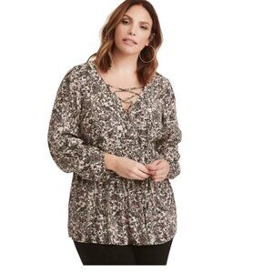 Torrid Paisley Print Lace-Up Babydoll Challis Blouse Sz 3 (3X) Black Pink LS